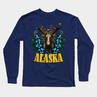 Eight Stars Of Alaska With Moose And Alpine Flowers Long Sleeve T-Shirt